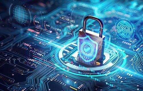 Concept of cybersecurity with lock and rendering of computer motherboard