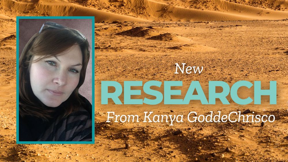 A portrait of Dr. GoddeChrisco next to headline stating new research, in front of a background of the Sudanese desert