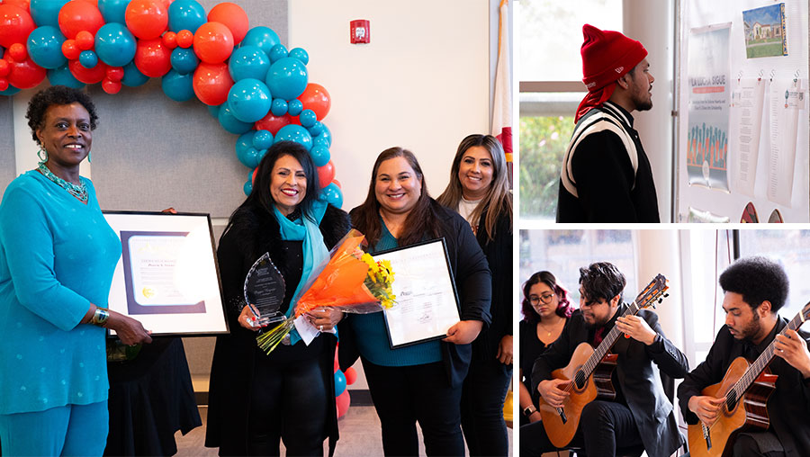 Honoree Peggie Negrete with MVC representatives, guitar players, and students viewing displayed artwork