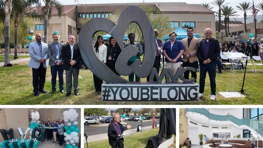 Collage of photos from the events with individuals standing by the new sculpture and cutting a ribbon