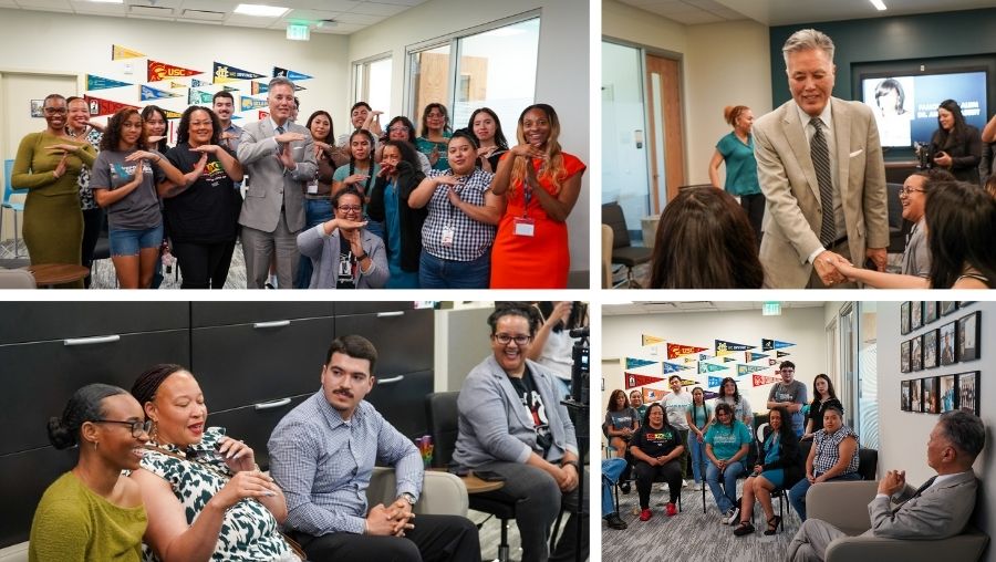A collage of TRIO students, leaders and congressman Takano speaking about higher education