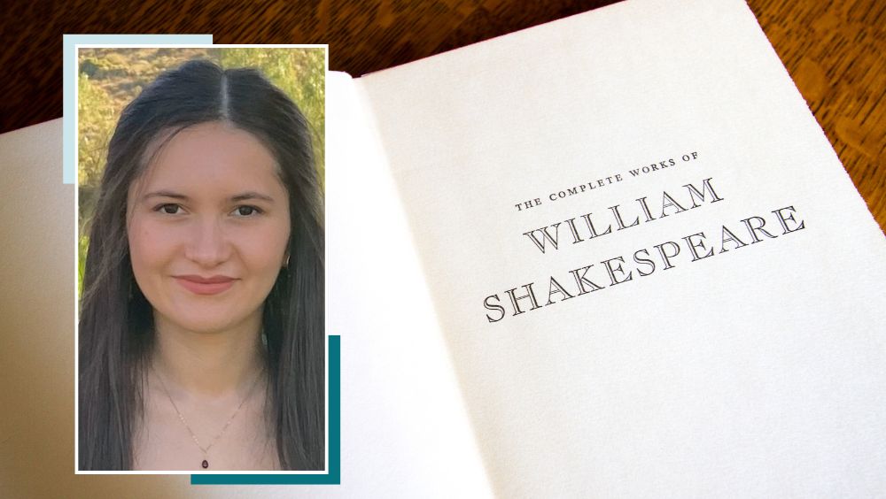 Portrait of Rebeca Viramontes in front of a Shakespeare complete collection