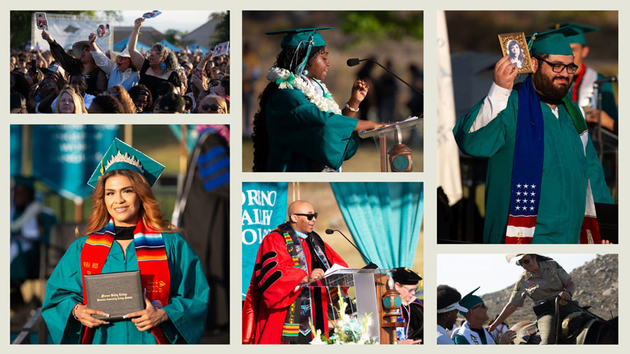 A collage of graduation photos featuring attendees, student speaker, vice president student services, and the mounted posse