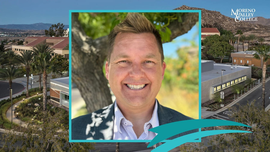 Portrait of Jake Kevari in front of an overhead view of MVC campus