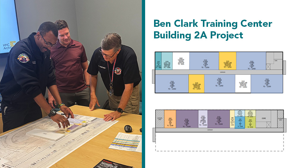 Photo of MVC team meeting to plan for building 2A project, next to first and second floor space schematics