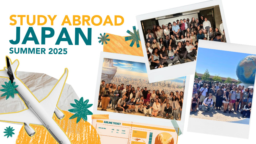 Playful yellow and teal collage of group photos of students studying abroad in japan