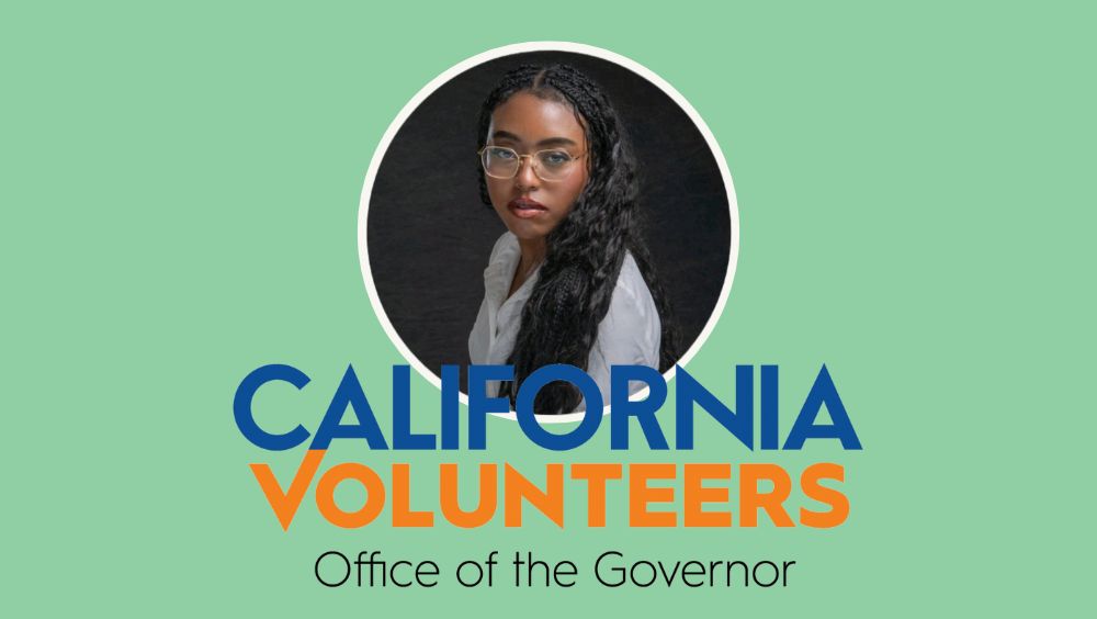 Portrait of Lauryn Chin behind California Volunteers text