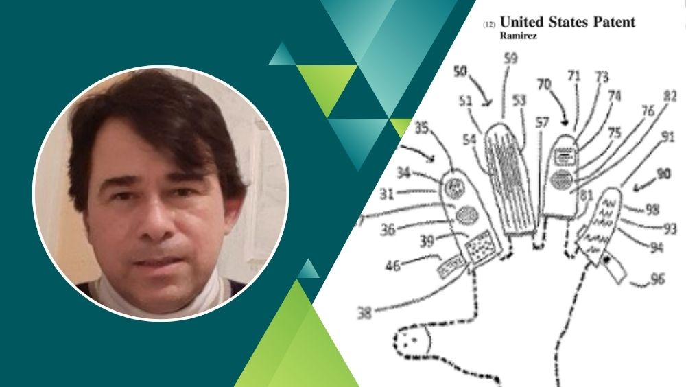 Portrait of professor Ramirez next to drawing of his patent