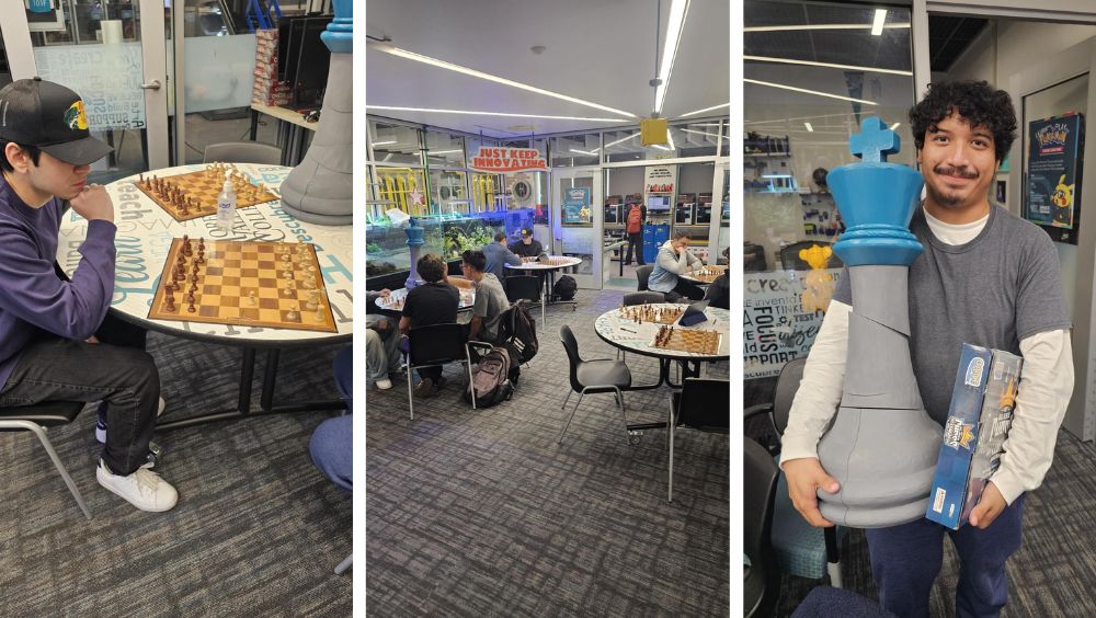 Photos of students playing chess in the iMAKE Innovation Center and holding up a giant chess piece