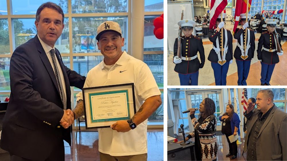 Collage of scholarship ceremony attendees and Vista del Lago High School MCJROTC Color Guard