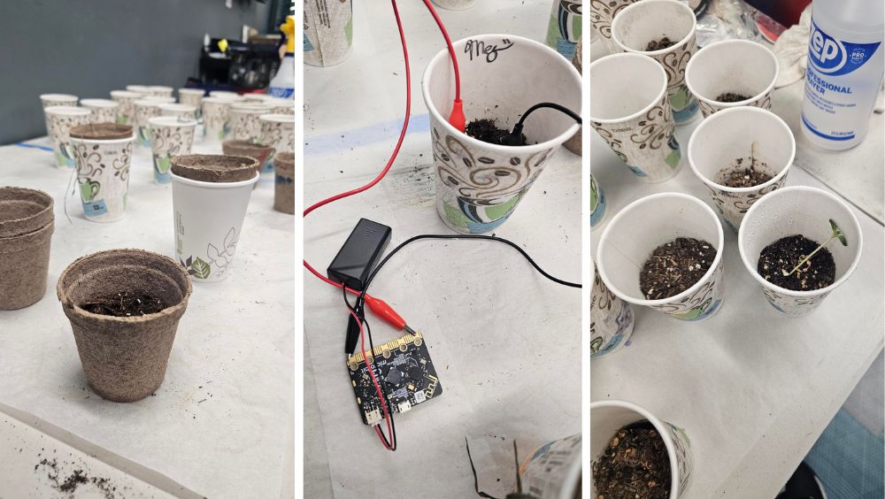 Three photo collage of seed planting soil moisture monitoring systems