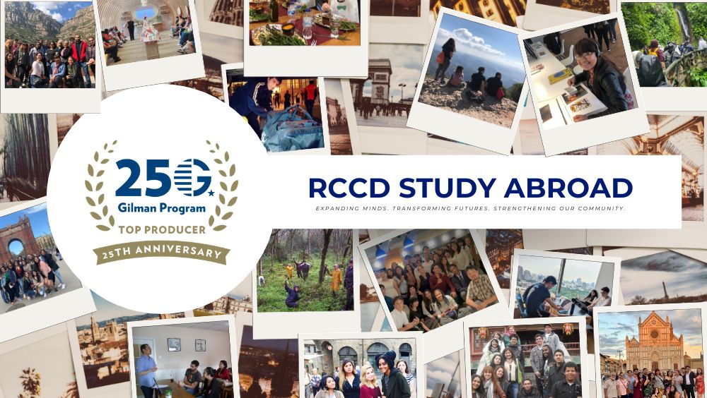 Collage of study abroad photos in Polaroid format with RCCD Study Abroad label in front