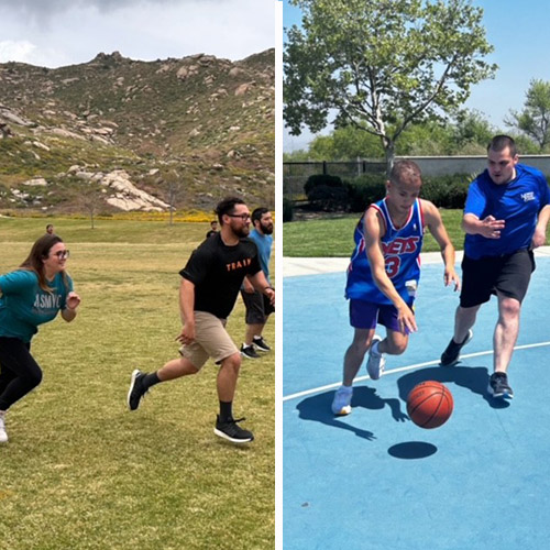 Students at Sports and Fitness Club activities, playing soccer and basketball